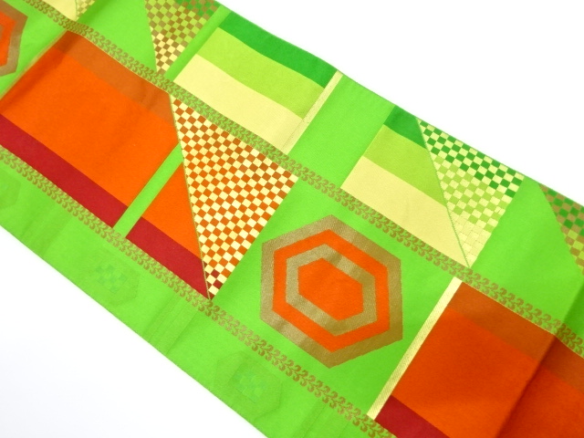 本場筑前博多　幾何学に古典柄織り出し　名古屋帯